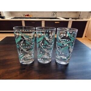 Vintage Tumblers Turquoise & White Drinking Glasses 5" Tall Retro Set of 3